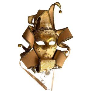 Handcrafted Venetian Jester Masquerade Mask With Gold Glitter Detailing & Ribbon